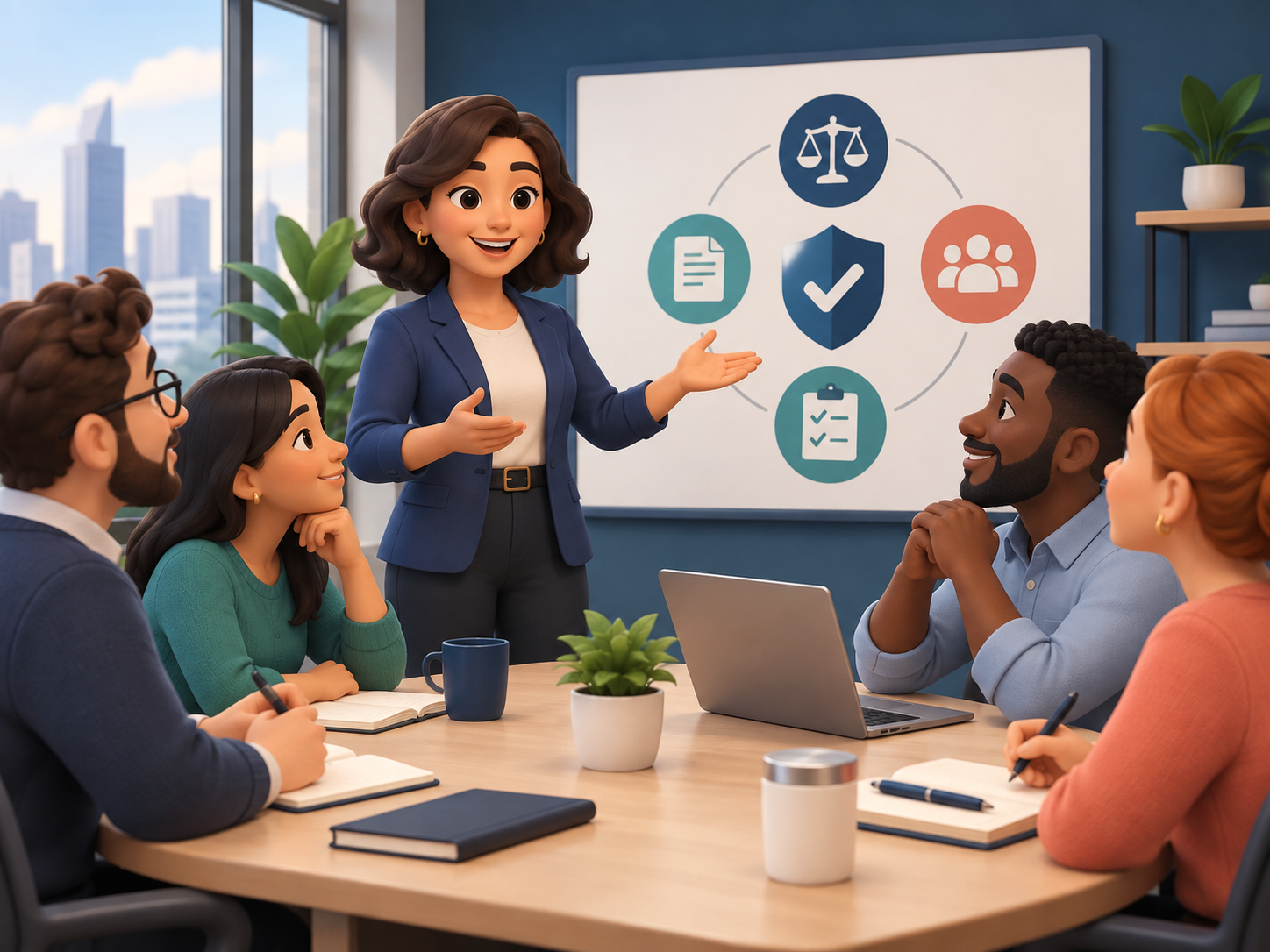 Ilustración animada de una facilitadora capacitando a un equipo