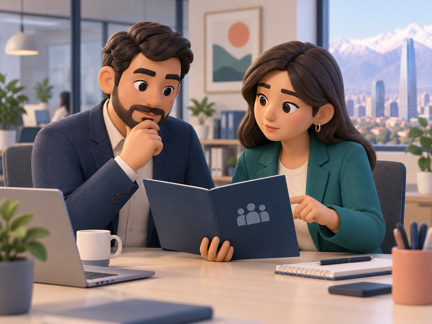 Ilustración animada de dos personas revisando un protocolo de Ley Karin