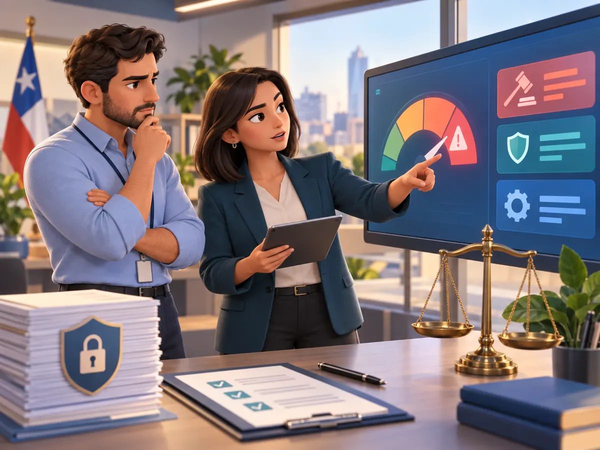 Equipo directivo revisando riesgos y multas de la Ley 21.719