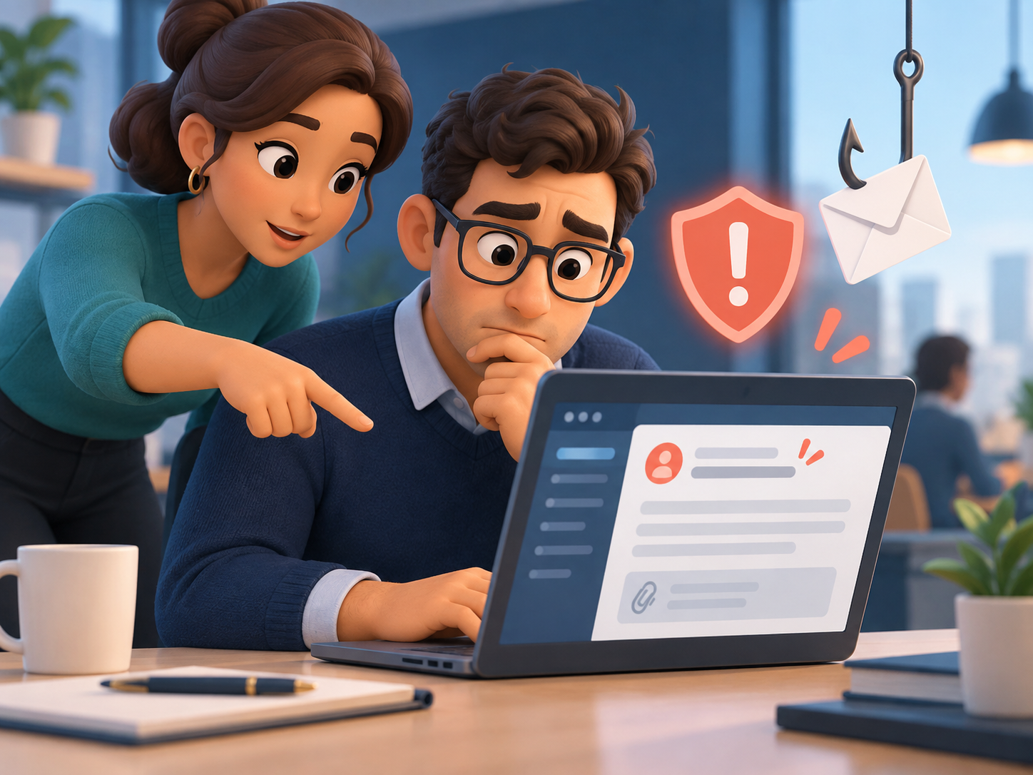 Ilustración animada de un equipo detectando un correo sospechoso